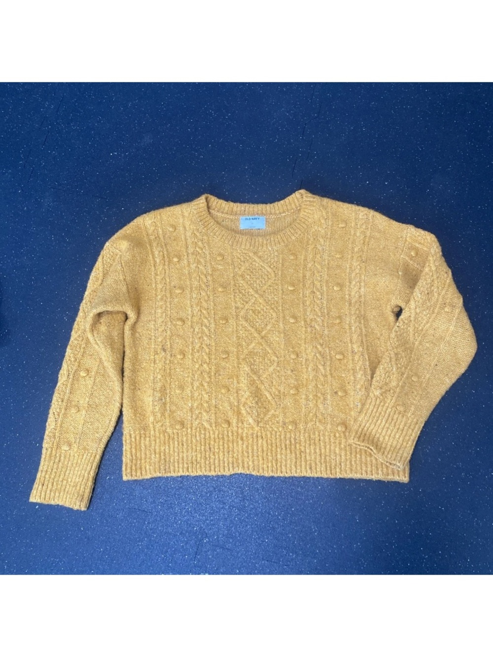 Old Navy Mustard Yellow Gold Cable Knit Sweater Sz Med Cozy Oversized Warm
